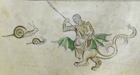 Britų bibliotekos pav./Riteris, kovojantis su sraige, 1310-1320 m. knyga