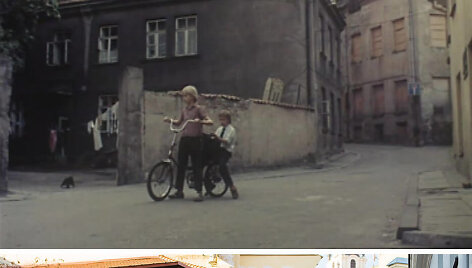 Literatų g. 7, siena. Kadras i&scaron; vaidybinio filmo &bdquo;A&scaron; esu&ldquo; (1990 m.), 9:51 min. ir dabartinis &scaron;ios vietos vaizdas