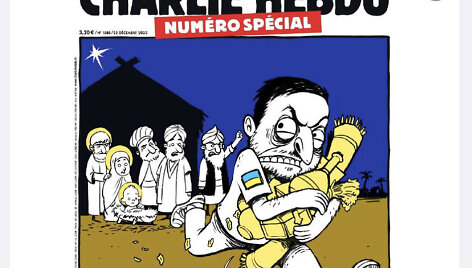Besidalinantieji tariamu &bdquo;Charlie Hebdo&ldquo; viršelio piešiniu aiškina, esą Ukrainos vadovas Volodymyras Zelenskis pavogė Kalėdas