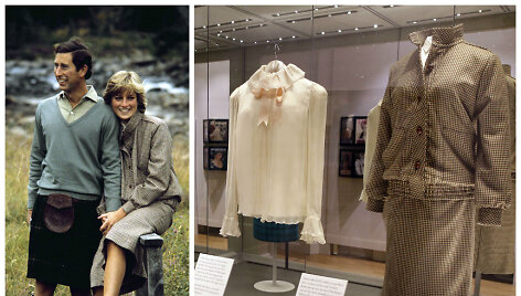Princas Charles ir princesė Diana 1981 m. per savo medaus mėnesį &Scaron;kotijoje. De&scaron;inėje &ndash; parodos &bdquo;Diana. Jos mados istorija&ldquo; eksponatai 