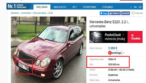 &bdquo;Mercedes-Benz&ldquo; E klasės modelio rida pasiekus Vilnių sumažėjo dukart.