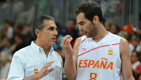Ispanijos krep&scaron;inio rinktinės vyriausiasis treneris Sergio Scariolo ir įžaidėjas Jose Calderonas.