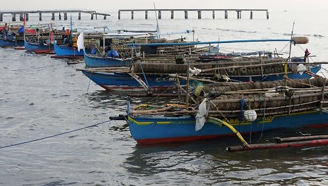 Filipinų sostinėje Maniloje stovinčios žvejų valtys.