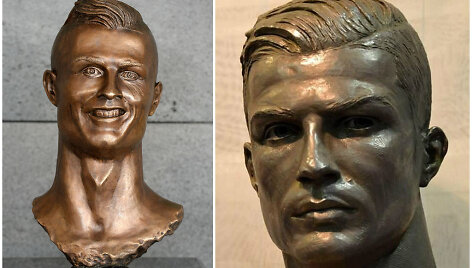 Cristiano Ronaldo skulptūra Madeiros oro uoste (kairėje) ir Madrido &bdquo;Real&ldquo; muziejuje (de&scaron;inėje)