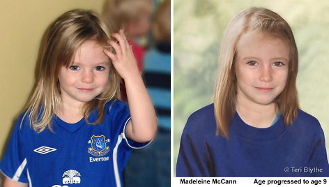 Kairėje – Madeleine McCann 3-ejų metų, o dešinėje – kompiuteriu sudarytas atvaizdas, kaip ji turėtų atrodyti dabar, būdama 9-erių metų