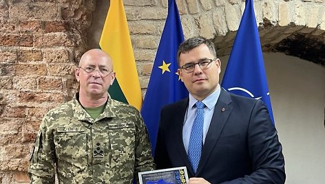 Ukrainos kariuomenės Paramos pajėgų vadas generolas majoras Dmitro Hereha ir Lietuvos krašto apsaugos ministras Laurynas Kasčiūnas / Krašto apsaugos ministerijos nuotr.