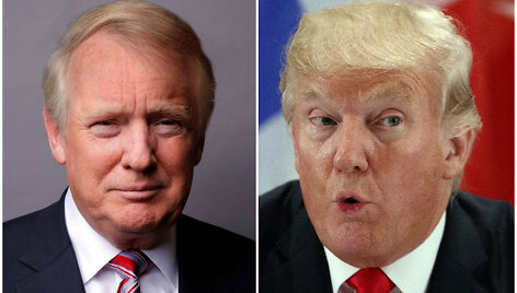 Donaldas Trumpas su pakoreguota (kairėje) ir tikrąja &scaron;ukuosena