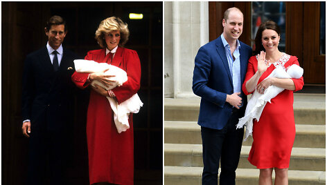 Princas Charlesas ir princesė Diana su naujagimiu sūnumi Harry (1984 m.) ir princas Williamas su Kembridžo hercogiene Catherine ir sūnumi