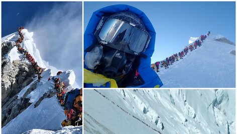 Kairėje ir apačioje - eilės ant Everesto, viršuje dešinėje - Tadas Jeršovas ir alpinistų eilė prie Manaslu