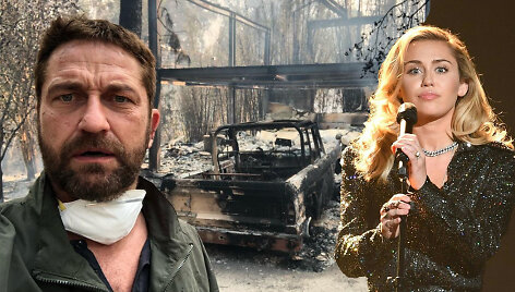 Gerardas Butleris prie savo sudegusių namų ir Miley Cyrus