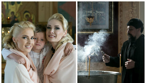 Natalija Bunkė su sūnumi Kristupu, jo krik&scaron;to mama Kristina Ivanova, dvasininkas Jevgenijus Lebedevas
