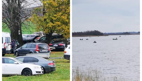 Automobiliai pakrantėje ir valtys Žaltyčio ežere