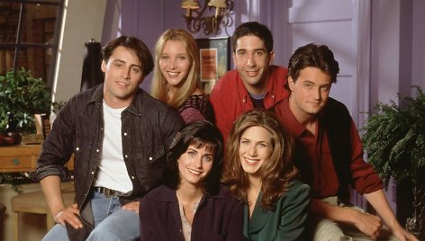 „Draugų“ aktoriai Jennifer Aniston, Courteney Cox, Mattas LeBlancas, Lisa Kudrow, Matthew Perry ir Davidas Schwimmeris (1994 m.)