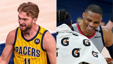 Domantas Sabonis bei Russellas Westbrookas su Bradley Bealu