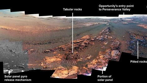 Paskutinė &bdquo;Opportunity&ldquo; užfiksuota panorama, kurioje matoma paskutinio zondo poilsio vieta