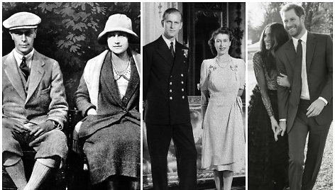 Karalius George'as VI ir Elizabeth Bowes-Lyon 1923, Elizabeth II ir Princas Philipas, Meghan Markle ir Princas Harry