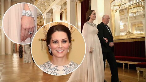 Kembridžo hercogienė Catherine Norvegijoje puo&scaron;ėsi karalienės Elizabeth II vestuviniais papuo&scaron;alais
