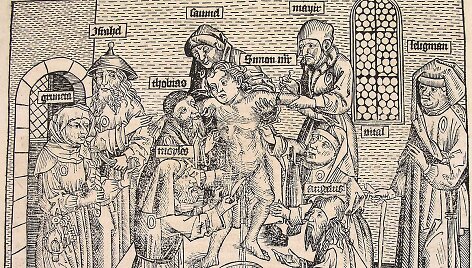 Krik&scaron;čionių vaiko ritualinė žmogžudystė, 1493. Autorius Hartmann Schedel (1440-1514). Nuremberg Chronical (Schedel'sche Weltchronik), puslapis CCLIIIIv. &Scaron;altinis Beloit College CC BY