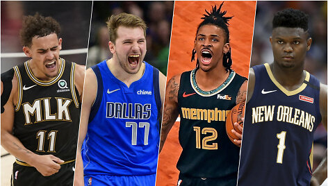 I&scaron; kairės: Trae Youngas, Luka Dončičius, Ja Morantas, Zionas Williamsonas