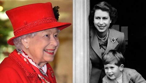 Karalienė Elizabeth II (2020 m. ir 1952 m. su sūnumi princu Charlesu)