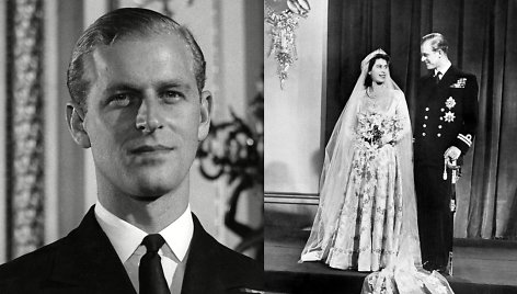 Princas Philipas jaunystėje (kairėje), Elizabeth II ir princo Philipo vestuvės (dešinėje)