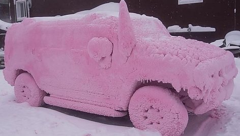 Rožinis „Hummer“: kas nutinka, kai plauni automobilį spiginančiame šaltyje