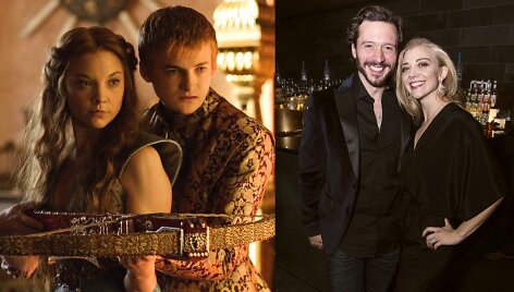 Natalie Dormer, Jackas Gleesonas (kairėje) ir Natalie Dormer su partneriu Davidu Oakesu (de&scaron;inėje)