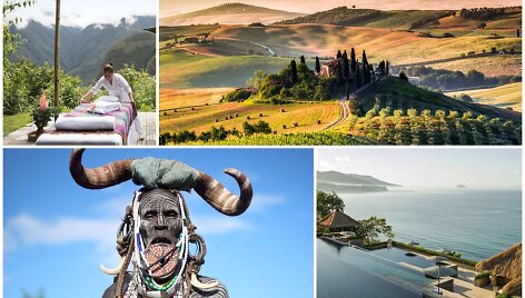 I&scaron; kairės vir&scaron;uje, pagal laikrodžio rodyklę: Belmond Sanctuary Lodge &ndash; vie&scaron;butis Maču Pikču; Toskana; &bdquo;Aman&ldquo; vie&scaron;butis Indonezijoje, Etiopija