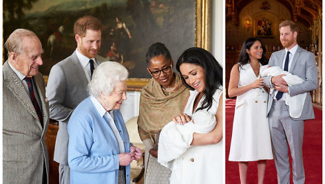 Princas Philipas, princas Harry, karalienė Elizabeth II, ant rankų pirmagimį Archie Harrisoną Mountbatteną-Windsorą laikanti Sasekso hercogienė Meghan Markle ir jos mama Doria Ragland