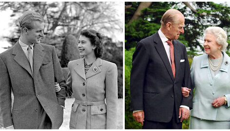 Karalienė Elizabeth II ir princas Philipas 1947 metais (kairėje) ir 2007 metais