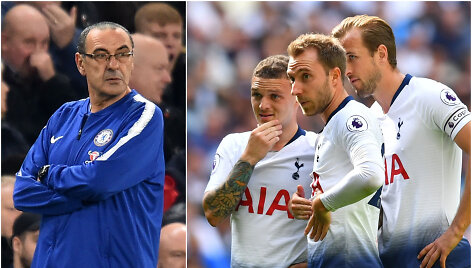 Maurizio Sarri ir &bdquo;Tottenham&ldquo; žaidėjai Kieranas Trippieras, Christianas Eriksenas ir Harry Kane'as
