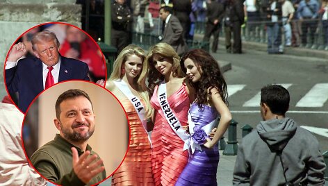 Donaldas Trumpas, Volodymyras Zelenskis ir &bdquo;Mis Ukraina&ldquo; Oleksandra Mykolajenko (de&scaron;inėje)
