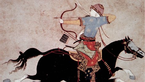 Mongolų raitininkas – su lanku ir joja stačias