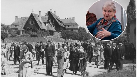Stovyklos gyventojai grįžta po šv. Mišių. Hanau, 1947 m. ir Elena Bradūnaitė-Aglinskienė renginyje Istorijų namuose 