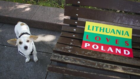 Akcijos dalyviai fotografavosi su plakatu &bdquo;Lietuva myli Lenkiją&ldquo;