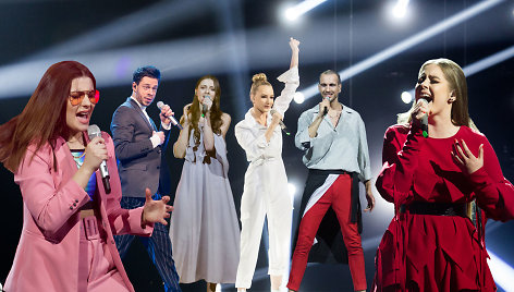 „Eurovizijos“ finalininkai (iš kairės): Kotryna Juodzevičiūtė, Jurgis Brūzga, Ieva Zasimauskaitė, Paula, „The Roop“ ir Monika Marija Paulauskaitė