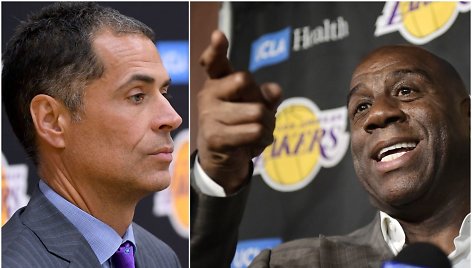 „Los Angeles Lakers“ vadovas Robas Pelinka (kairėje) sulaukė Magico Johnsono priekaištų.