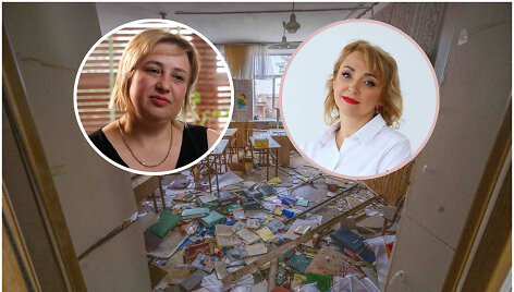 Ukrainietės mokytojos Olga Bielnycka ir Gana Tarkovska, fone &ndash; sugriauta mokykla Černihive
