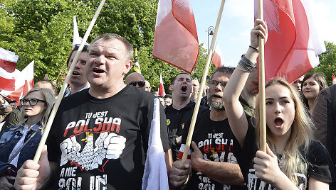 Protestas Var&scaron;uvoje prie&scaron; JAV priimtą įstatymą dėl žydų turto grąžinimo