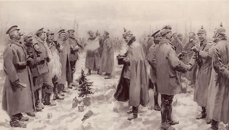 Britų ir vokiečių kariai susitinka per neoficialias kalėdines paliaubas 1914 m. fronte