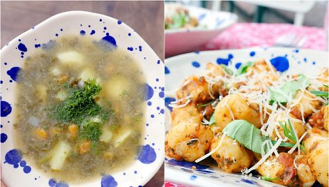 Veganiška rūgštynių sriuba ir virtinukai „gnocchi“ su padažu