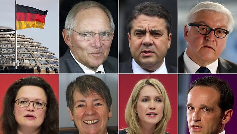 Reichstago vėliava, Finansų ministras Wolfgangas Schaeuble, socialdemokratų lyderis (SPD) Sigmaras Gabrielis, SPD parlamentinės grupės vadovas Frankas-Walteris Steinmeieris ir SPD  generalinė sekretorė Andrea Nahles, SPD iždininkė Barbara Hendricks, SPD pirmininko pavaduotoja Manuela Schwesig bei SP