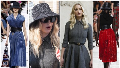 Aktorė Jennifer Lawrence (dvi vidurinės foto) ir „Dior“ kolekcijos modeliai