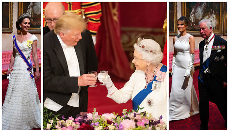 Hercogienė Catherine, karalienė Elizabeth II ir JAV prezidentas Donaldas Trumpas, Melania Trump ir princas Charlesas