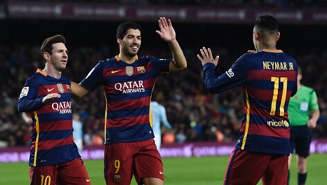 Lionelis Messi, Neymaras ir Luisas Suarezas &scaron;į sezoną įmu&scaron;ė 20 įvarčių daugiau nei visa &bdquo;Arsenal&ldquo; komanda