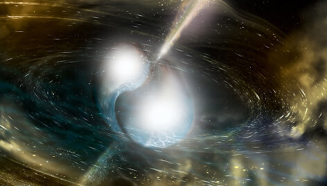 Dailininko iliustracija: kaip galėtų atrodyti dviejų besijungiančių neutroninių žvaigždžių i&scaron;metamas gama spindulių žybsnis