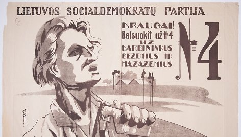 Rinkiminis plakatas, agituojantis balsuoti už Lietuvos socialdemokratų partiją. Plakate pavaizduotas darbininkas, rankose laikantis kūjį. Autorius Vilius Jomantas, 1922 m.