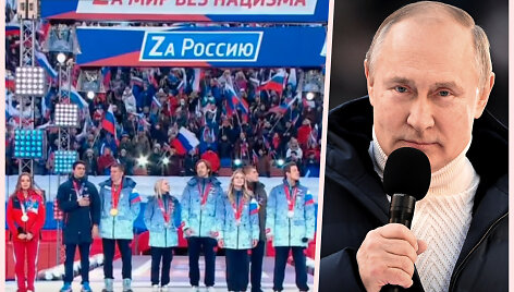 Rusijos sporto žvaigždės dalyvavo V.Putino propagandiniame renginyje. Ant daugumos atletų aprangos matėsi Z raidė &ndash; dabar ji dažnai lyginama su A.Hitlerio laikų svastika.