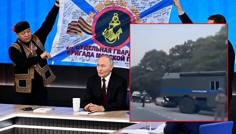 Vladimiras Putinas ir 155-osios jūrų pėstininkų brigados vėliava bei sprogimas Vladivostoke