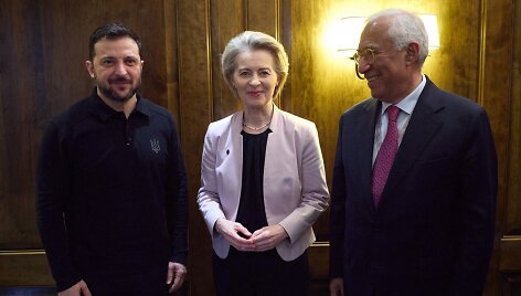 Volodymyras Zelenskis, Ursula von der Leyen ir Ant&oacute;nio Costa